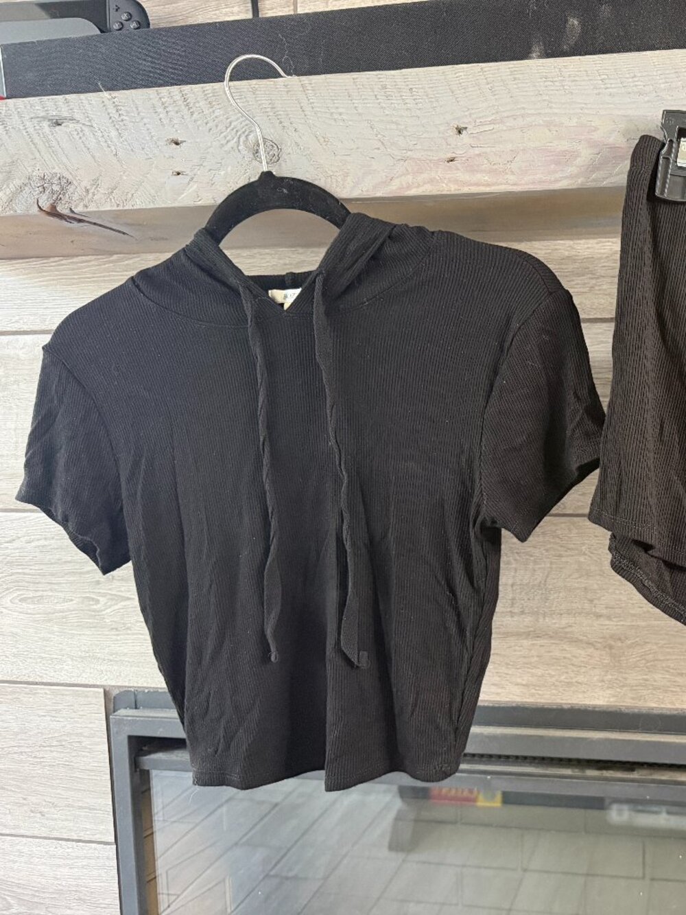 BOZZOLO Black Ribbed Hooded Top & Shorts 2 Piece Set Size M